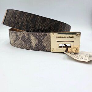 Michael Kors Belt Womens Medium Brown MK Logo Python Print Adjustable Slide NEW